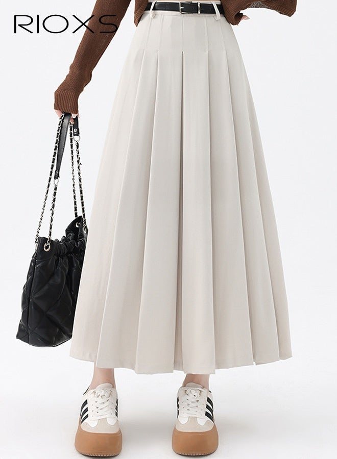 RIOXS Women's Pleated A-line Maxi Skirt, Fall High Waisted Ankle Length Pleated Tennis Skirts with Belt, Casual Long Suit Skirt for Office Business Dating, Apricot - Image 3